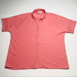 H by Halston Womens Blouse Peach Pink Boxy Dressy Button Down Short Sleeve Large